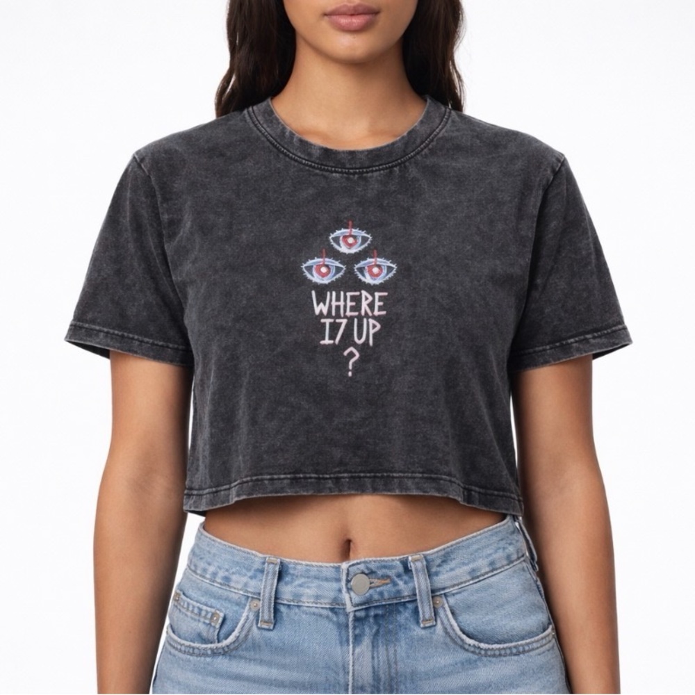Where Eyes is Up? Black Cropped Graphic Tee - Womens